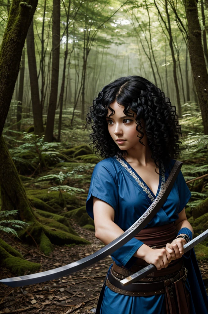 Girl with black curly hair, blue eyes, with a katana, in an ancient forest, anime style