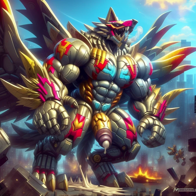 (masterpiece. official art. 8k. best quality. detailed full body. full body.)
(situation 1 : dominating The Phoenix Wolf. The Phoenix Wolf is over 1000 meters long. focus GIANT mechanical Muscular The Phoenix Wolf is trampling the car. Looking down.)
(situation 2 :smoke and flames rising from the destruction in the city)
(Additional details 1: Wearing GOLDEN Armor. Cape. Helmet. real texture material. whole body shines like metal. emphasizes the muscles. suit fully made of metal. Robotic suit. edgMecha, wearing edgMecha, mecha suit, robot suit)
(Additional details 1.5: The arms are golden. The lower half of the body is golden. The wolf-shaped helmet has sharp fangs. The whole body is golden. The wolf-shaped helmet. There is a wolf-shaped decoration on the back of the hand.)
(Additional details 2: Detailed head. Detailed Body. Detailed abs. gigantic muscles. HYPER MUSCLES. Gigachad Muscular. big muscle. pecs. triceps. traps. unusually developed muscular body. body full of huge muscles. showing off muscles. pectorales enormes. Exaggeratedly huge muscles. huge muscles. long legs.).
(Additional details 3: nj5furry, Spread wings. It has wings. The claws are sharp. Sharp teeth.). He is laughing defiantly. The claws are sharp. Sharp teeth.). He is laughing defiantly.
(Additional details 4: golden dick, golden cock, golden hyper penis. hyper black penis. big penis)
(Additional details 6 : Spraying hyper cum up everywhere into the sky from his erect penis. wide spray of cum, covered in cum, cum splashing in front of camera, crowd of naked muscular male spectators, bukkake, City is under a thick later of cum.)