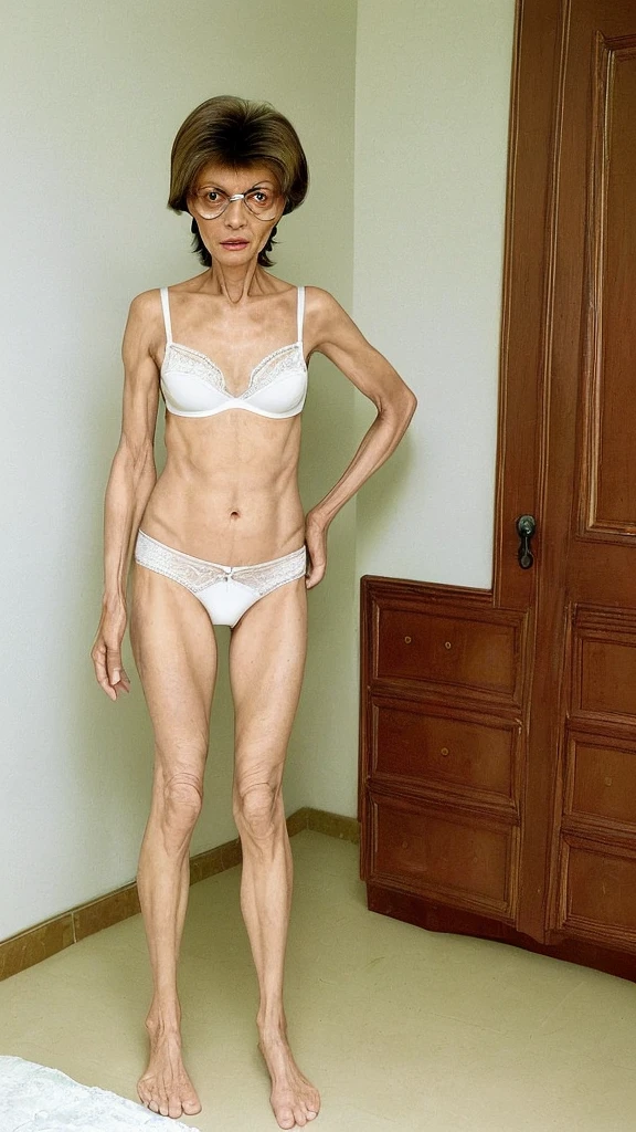 granny woman, 57 years old, very very skinny, nationality of Mexican, With wrinkles, housewife, in transparent white underwear, small  and bra, With wrinkles de la edad, Long brown liso hair, full body, very very skinny, head on, with magnifying lenses