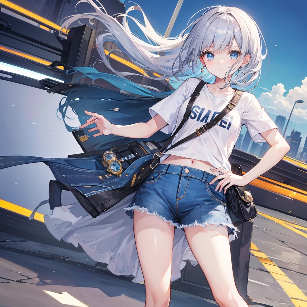 8K high quality,1 pretty girl,Short sleeve,Denim skirt