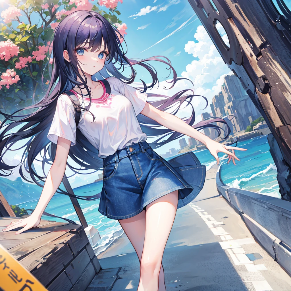 8K high quality，1 pretty girl，Short sleeve，Denim skirt