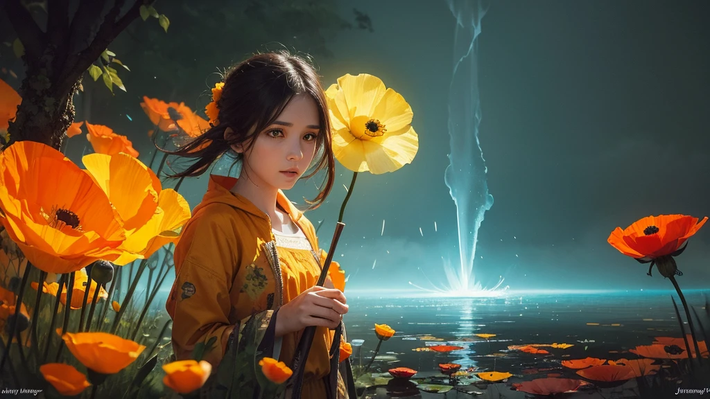 32k, Masterpiece, Highest quality, One girl, Detailed eyes, flower,Iceland Poppy, Orange and yellow style,A dreamy, romantic piece,Pale yellow, Mysterious Leaves,A playful arrangement,Fantasy,High Contrast,Ink strokes,explosion,Exposure, Impression of orange and yellow tones,Abstract,((Watercolours by John Berkey and Jeremy Mann )) Brush strokes,Negative Space, Tyndall effect,