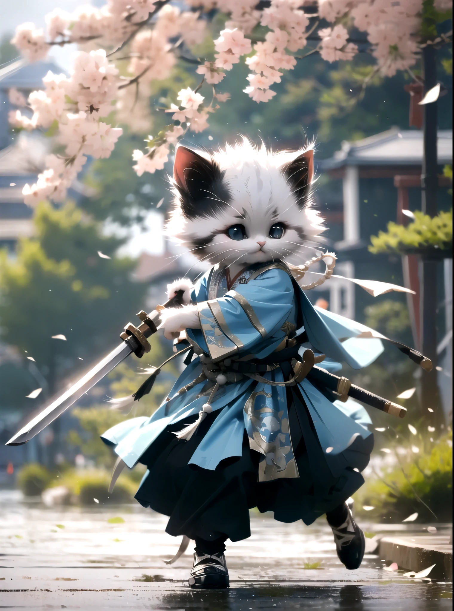 White kittenHanfu, Chinese calligraphy, chinese clothesholding weaponholding sword
