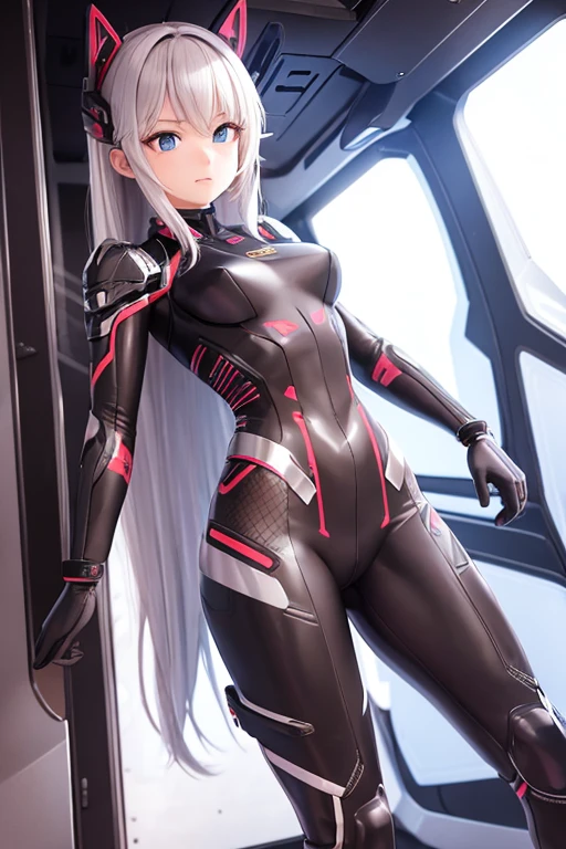  girl, Linda, wearing combat suit (fully body) provocative bodysuit), breastsout, defined body, anatomical correct, long  hair, high-tech, in a spaceship corridor, best qualityer, 3d, anime styling