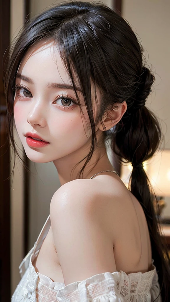 Drill Hair, curtained hair, Hair Bun, Big Hair, Medium Hair, リボンHair Bunド, Heart-shaped pupils, Raise your eyebrows, smile, Pursed lips, Surrealism, Renaissance, anime, anime style, Cinema Lighting, Depth of written boundary, God's Rays, Cast a Shadow, Fujicolor, First Person View, throw, Wide-angle, anime style, Surrealism, 超High resolution, retina, masterpiece, Accurate, Textured skin, Attention to detail, High resolution, 16k