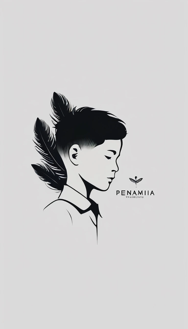A minimalist, fantastic, poetic, dreamy, captivating, memorable, masterpiece, modern, simple logo design of a boy and a feather for the brand “Penamemoria". The logo must convey a sense of music, stories and dreams. Minimalistic logo design of a boy and a feather.