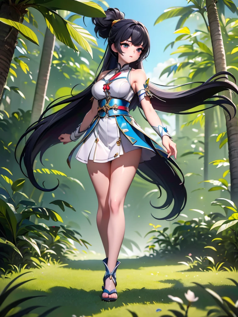 Seizo Watase style, Simple Line Initialism,Abstract art, 3d character, colorful hearts ,(((The most beautiful girl of all time))), (full body 1.2), only girl, 20 year old, full body, (((8k))), (((3d))), long hair, black hair, jungle background, hair tied high,