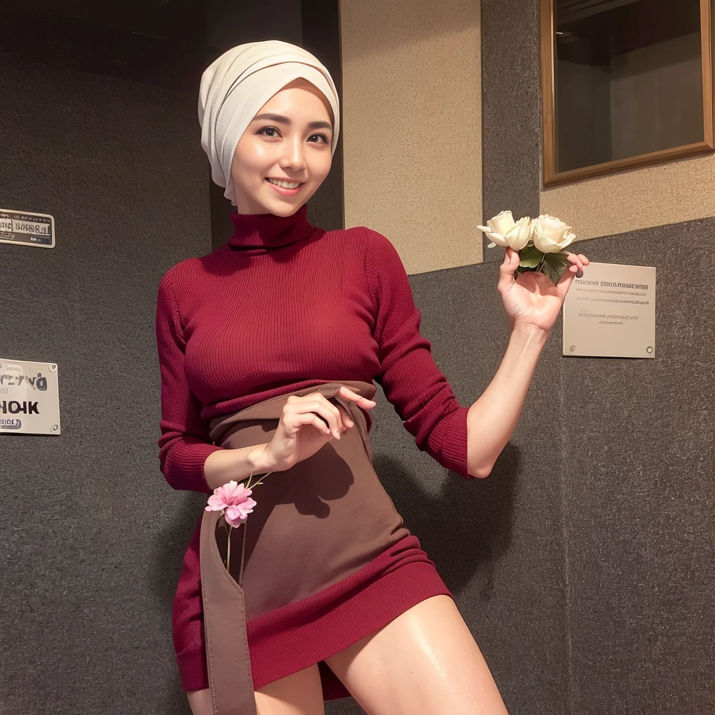 ((highest quality, 8k, masterpiece:1.3)), Lower body, sharp focus:1.2, Beautiful Hijab woman with perfect figure:1.4, Hijab, slender abs:1.1, The background is a convenience store counter, ((shortcut, big breasts:1.2)), (wearing a fluffy red sweater dress, big breasts, slim and toned waist, Soft big buttocks, laughing:1.2), Highly detailed face and skin texture, detailed eyes, double eyelid, 25 year old hijab woman, mature hijab woman, laughing