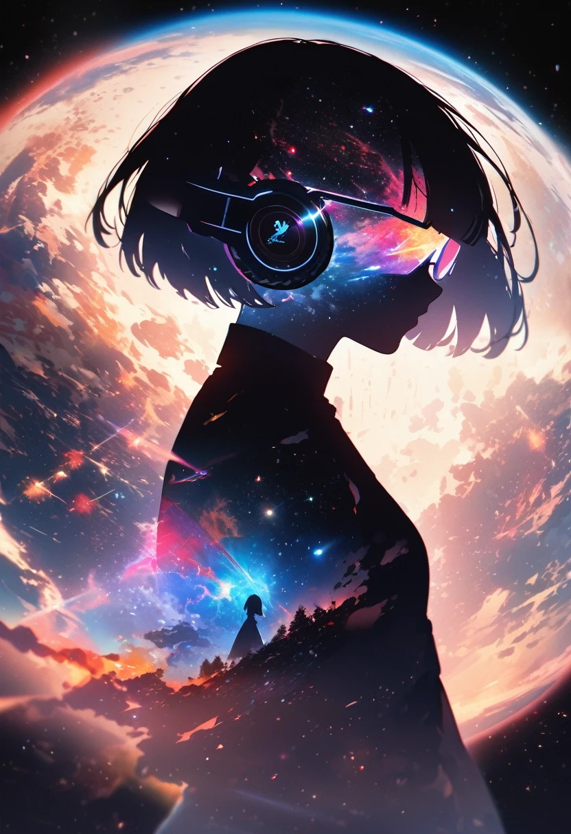 silhouette of a woman in profile.(super very short hair:1.3), blunt bangs, (((underrim glasses:1.3))), (headphones:1.3), Inside the silhouette you can see the double exposure with a universe, deep space, supernova explosion, masterpiece, ((double exposure)), proportional.,DOUBLE EXPOSURE

