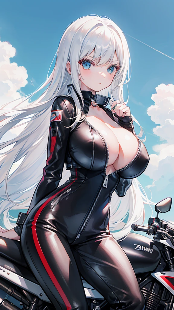 beautiful girl,(Racing girl),Leather jumpsuit,(黑色Leather jumpsuit),Leather Clothes,White long hair,(White hair),(Bangs),Zipper open,(Leather jacket zipped up),((Cleavage)),Open your heart,(Shy expression),Sit on a race car,Blue sky and white clouds,(Big Tits),((Super big breasts)),Leg ring