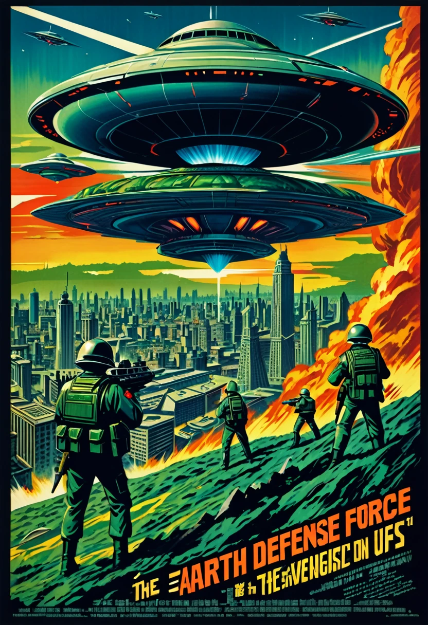 A retro-style movie poster depicting the Earth Defense Force fighting against UFOs. The scene is reminiscent of 1950s-1960s sci-fi movies, with vibrant colors, bold brushstrokes, and high-contrast shadows. In the foreground, brave members of the Earth Defense Force are positioned heroically: a sharp-eyed leader, soldiers in combat gear, and a scientist with futuristic gadgets. The background features a colossal UFO hovering menacingly over a futuristic city skyline. The overall composition exudes a sense of dramatic action and adventure. At the top of the poster, a bold, eye-catching tagline reads: "Earth Defense Force vs. The UFO Invasion!"