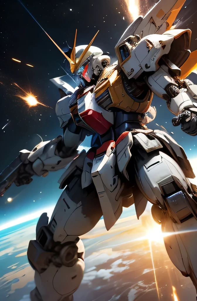 Highest quality、Fantasy、masterpiece、The whole body of a giant robot like Gundam、White and Light blue body、Glossy body with exquisite details、Well-proportioned limbs、Military helmet-like head、A precisely drawn Gundam-like face、Goggle Eye、Fight in space、Shining in the sunshine、Space War、explosion、Light