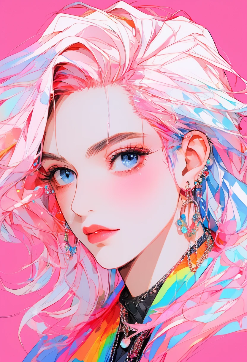 Upper body portrait, To the audience, Rainbow Style, (1 boy), (Smallest), (alone), Masculine traits, good looking, Long white hair, View your viewers, Blue Eyes Background, White background, gem, Jacket, Pink Hair, ear nipple ring, Pink Eyes, Choker Necklace, sweater, eyelash, cosmetics, Short Hair Details, punch, lipstick, ear piercing, eye shadow, Hoop Earrings, Red pink lips, Variegated eyes, ピンクのeye shadow、Black background