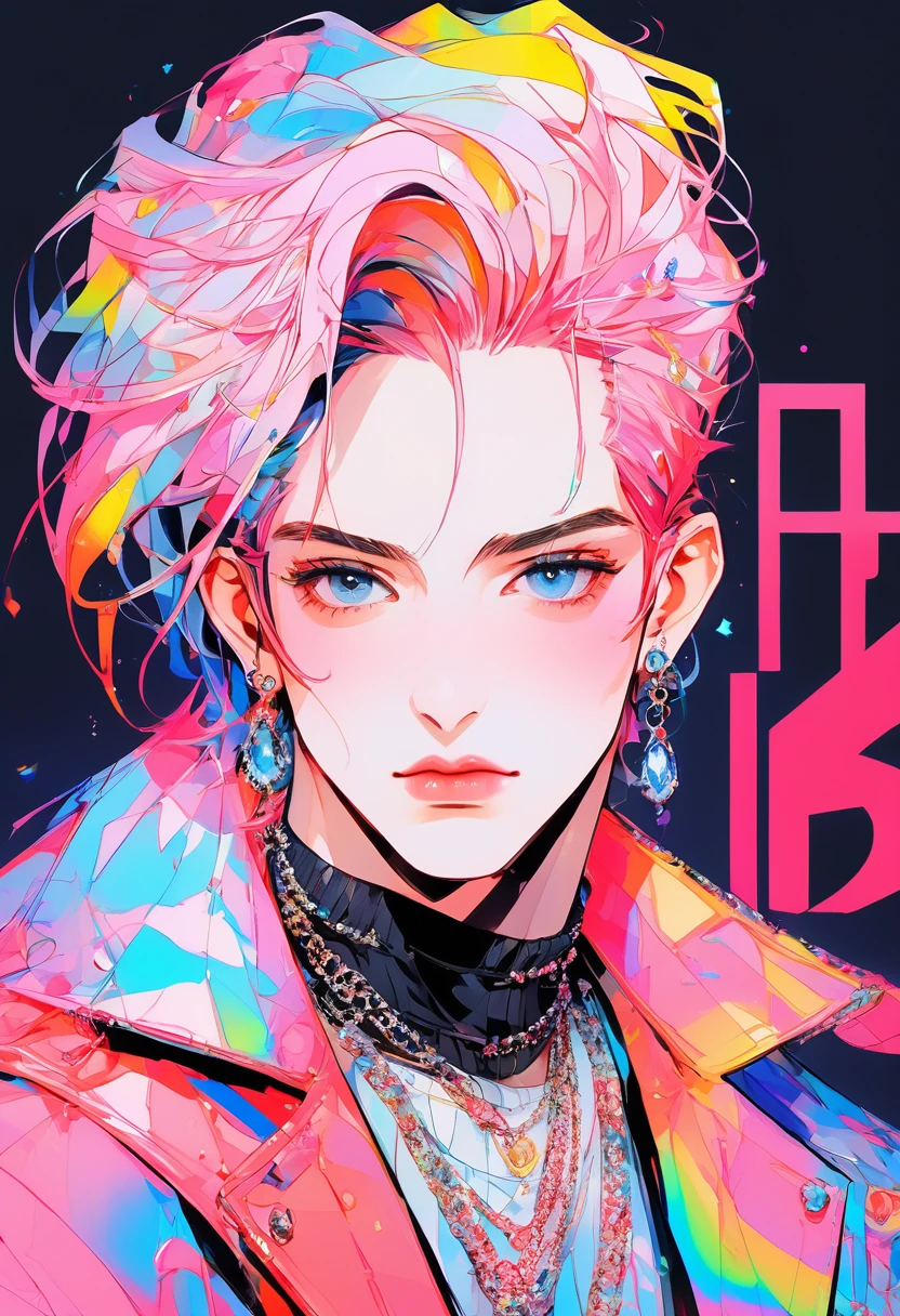 Upper body portrait, To the audience, Rainbow Style, (1 boy), (Smallest), (alone), Masculine traits, good looking, Long white hair, View your viewers, Blue Eyes Background, White background, gem, Jacket, Pink Hair, ear ?????? ring, Pink Eyes, Choker Necklace, sweater, eyelash, cosmetics, Short Hair Details, punch, lipstick, ear piercing, eye shadow, Hoop Earrings, Red pink lips, Variegated eyes, ピンクのeye shadow、Black background