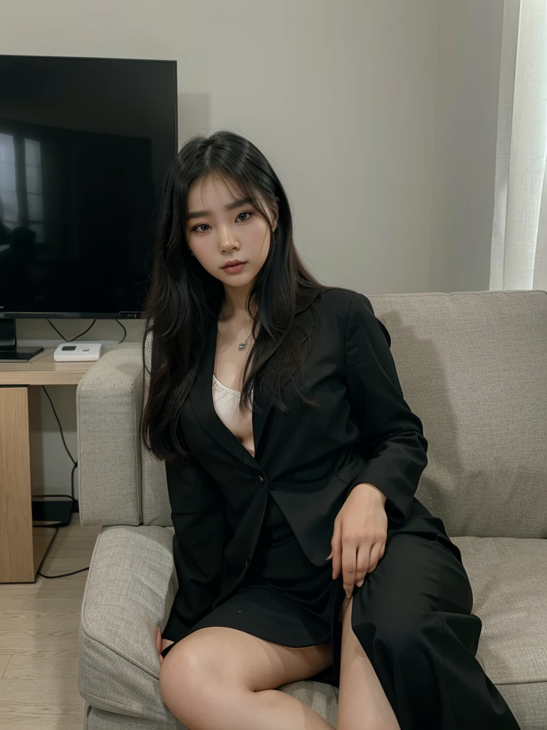 there is a woman sitting in a chair in a room, korean girl, sitting in a living room, gorgeous young korean woman, beautiful south korean woman, taken in 2 0 2 0, 8k)), Sakimichan, korean woman, beautiful lady, ulzzang, black suit, wearing black clothes, with long hair, bbwchan, wearing black clothes