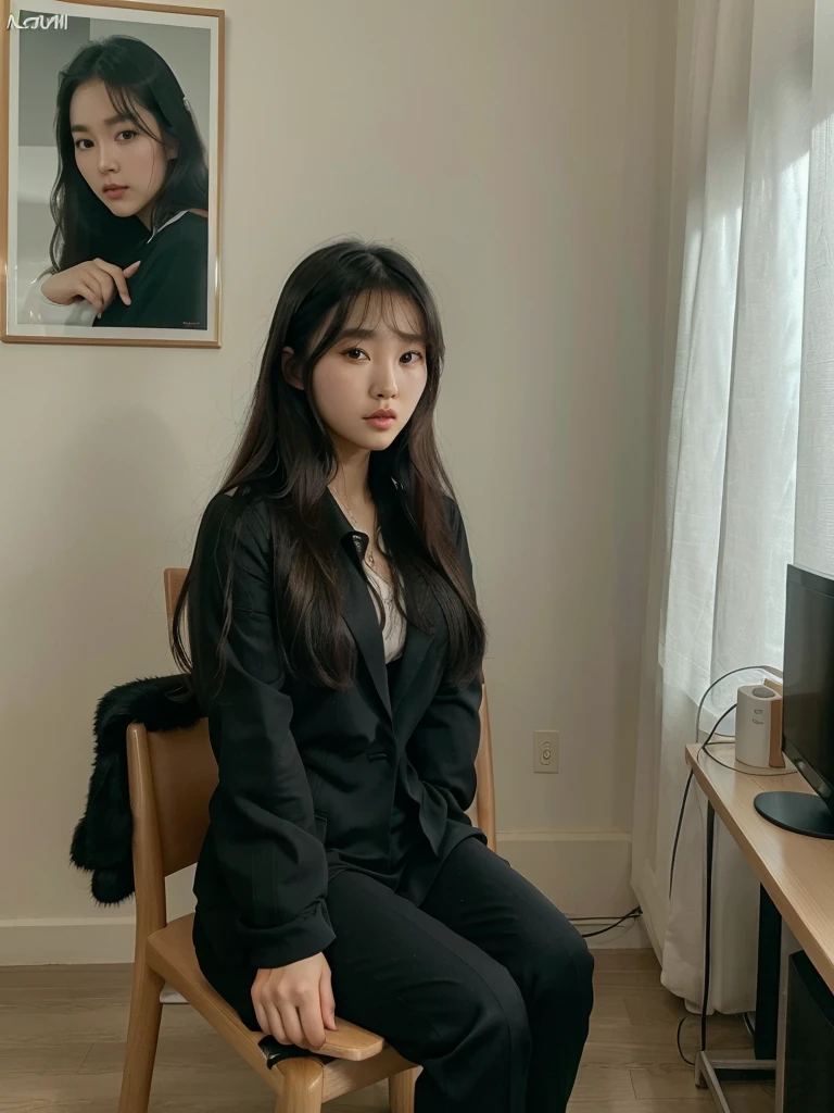 there is a woman sitting in a chair in a room, korean girl, sitting in a living room, gorgeous young korean woman, beautiful south korean woman, taken in 2 0 2 0, 8k)), Sakimichan, korean woman, beautiful lady, ulzzang, black suit, wearing black clothes, with long hair, bbwchan, wearing black clothes