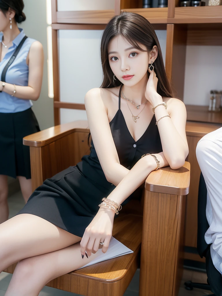 (((Practical photography))),, portrait,Upper body, Korean,(Mature:1.3),, 1 girl,beautiful girl, arrogant,Sit in a large class chair , (necklace,earrings,bracelet:1.1), Sleeveless shirt,Button-down shirt and hip skirt,mini skirt , (cleveage:0.3),, In the CEO's office, (Environmental details:1.3),, (original photo, CG Unity, photography, ultra Practical details, Clear focus, Delicate skin,4K, high resolution, masterpiece, best quality, Practical, Full of energy:1.2),, (8K,4K, Ultra-high quality, high resolution, professional, Movie-like, , dramatic),(armpits,curvy:1.2), Detailed office background,