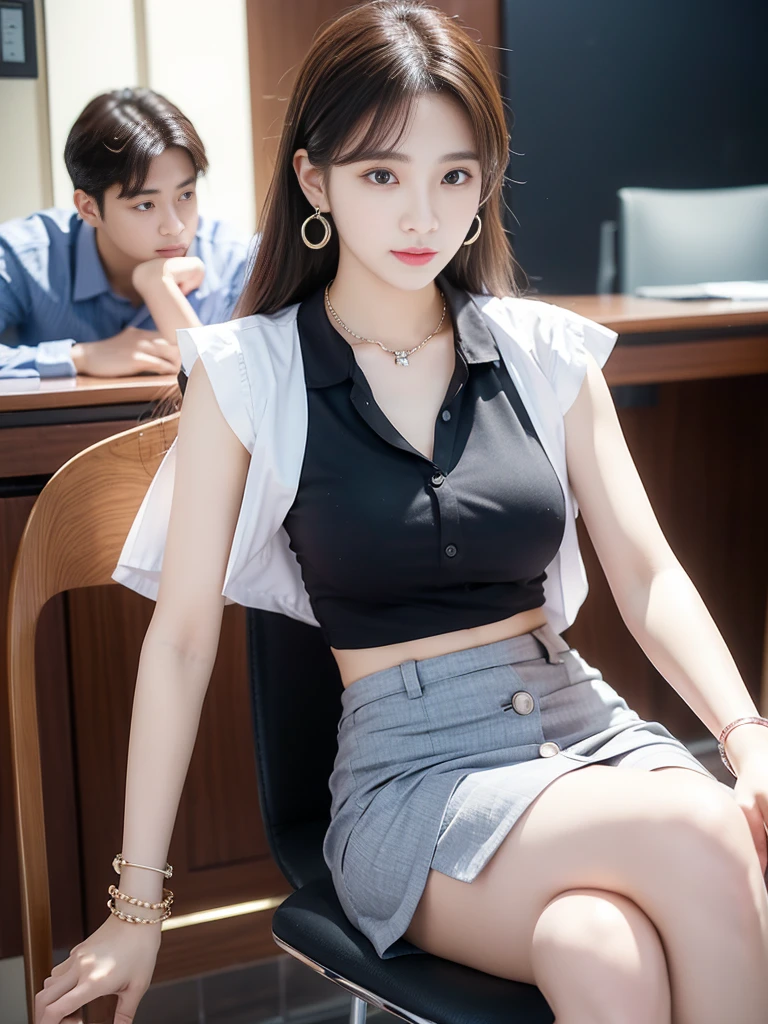 (((Practical photography))),, portrait,Upper body, Korean,(Mature:1.3),, 1 girl,beautiful girl, arrogant,Sit in a large class chair , (necklace,earrings,bracelet:1.1), Sleeveless shirt,Button-down shirt and hip skirt,mini skirt , (cleveage:0.3),, In the CEO's office, (Environmental details:1.3),, (original photo, CG Unity, photography, ultra Practical details, Clear focus, Delicate skin,4K, high resolution, masterpiece, best quality, Practical, Full of energy:1.2),, (8K,4K, Ultra-high quality, high resolution, professional, Movie-like, , dramatic),(armpits,curvy:1.2), Detailed office background,