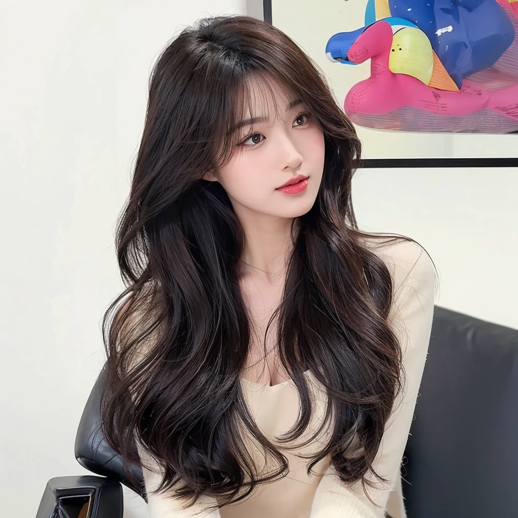 Long curly black brown hair,The background is simple and clean