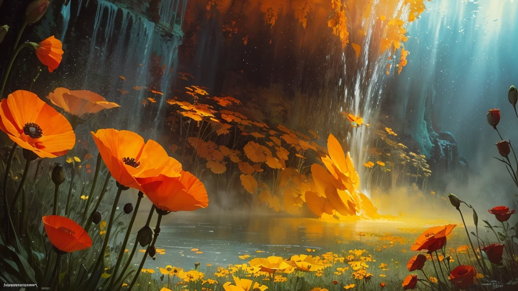 32k, Masterpiece, Highest quality, One girl, Detailed eyes, flower,Iceland Poppy, Orange and yellow style,A dreamy, romantic piece,Pale yellow, Mysterious Leaves,A playful arrangement,Fantasy,High Contrast,Ink strokes,explosion,Exposure, Impression of orange and yellow tones,Abstract,((Watercolours by John Berkey and Jeremy Mann )) Brush strokes,Negative Space, Tyndall effect,