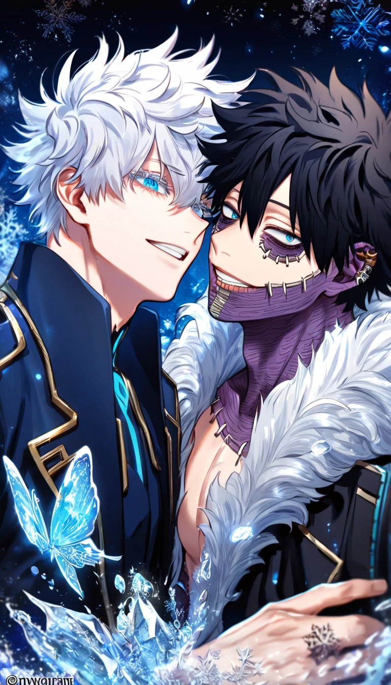 absurdres, highres, ultra detailed, HDR, master piece, best quality, extremely detailed face, delicated features, Dabi, black hair, expressive turquoise eyes, Boku No Hero Academia, Gojou Satoru, white hair, expressive blue eyes, white eyelashes, two sexy men together, yaoi, gay couple, handsome, smiling, blue jacket with fur, black coat, fantasy, magical, ice, blue fire, ice butterflies, snowflakes, starry night