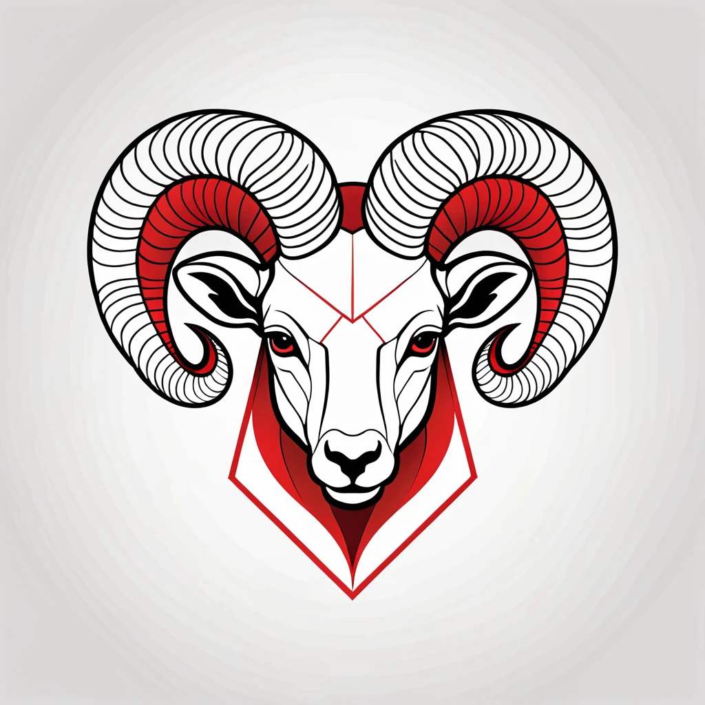 Sleek Aries ram head outline, modern geometric style, confident and streamlined, subtle gradient lighting, single continuous line art, fiery red and white color scheme, small left chest placement, clean vector look, minimalist zodiac fashion, T-shirt design graphic, vector, contour, white background