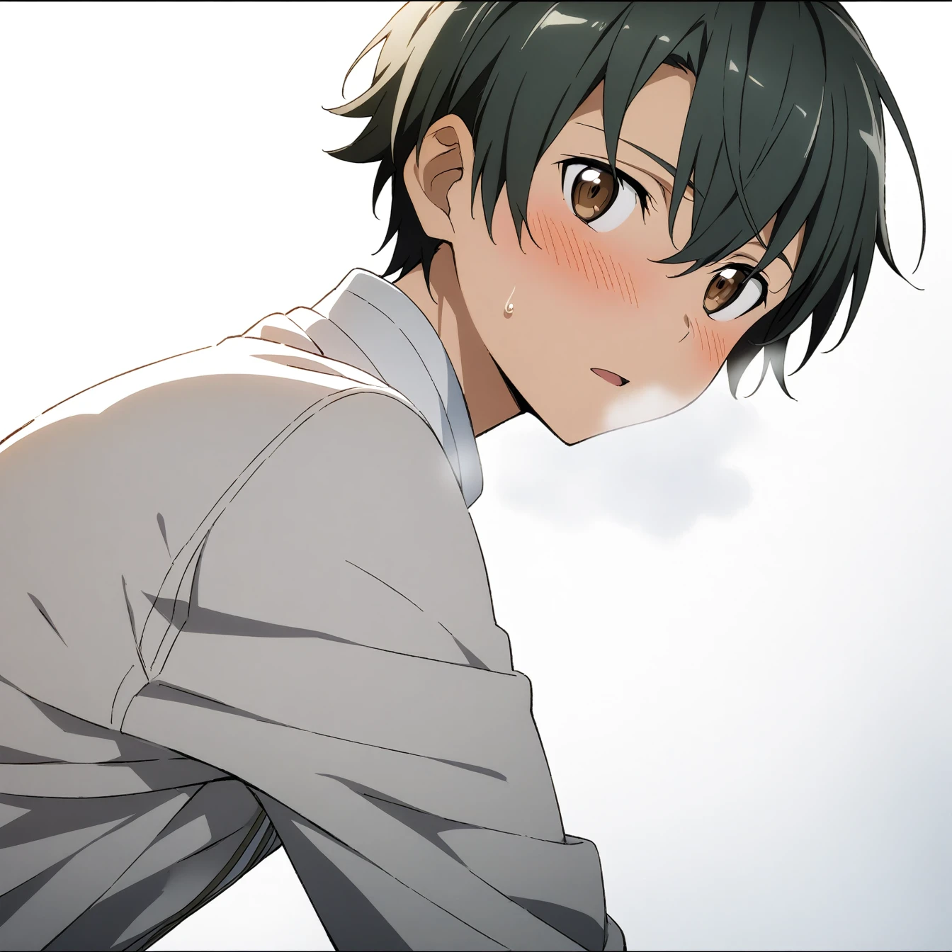 1 boy, Kazuto Kiritani, Sword Art Online,alone, viewer, pure white background, blush, brown eyes,eyes glow, breathing, avatar, half body, comic style colorless, angle, masterpiece, best quality,