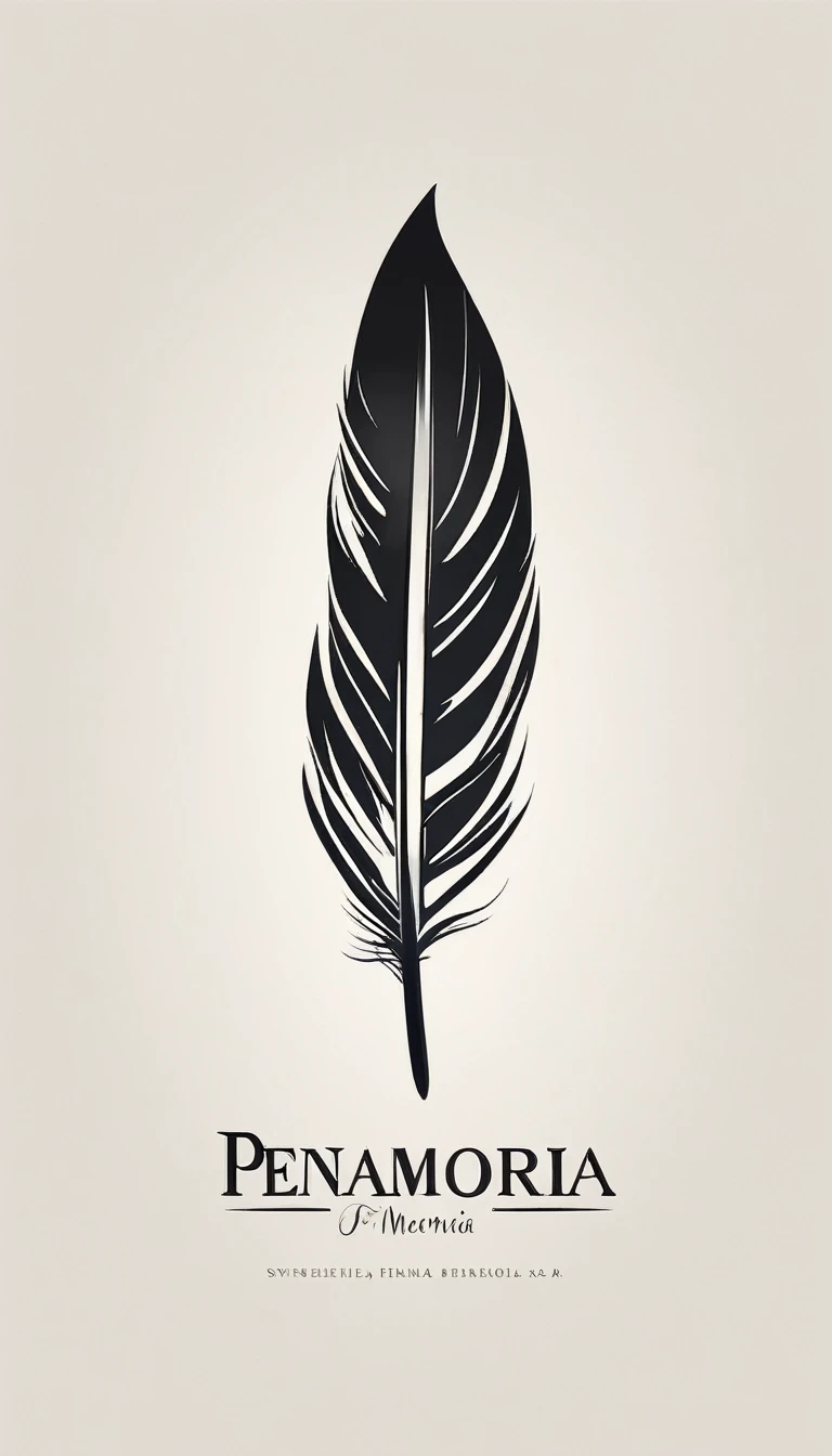 A minimalist, fantastic, poetic, unique, dreamy, captivating, memorable, masterpiece, modern, simple logo design of a feather for the brand “Penamemoria". The logo must convey a sense of music, stories and dreams. Minimalistic logo design of a feather of memories and storytelling