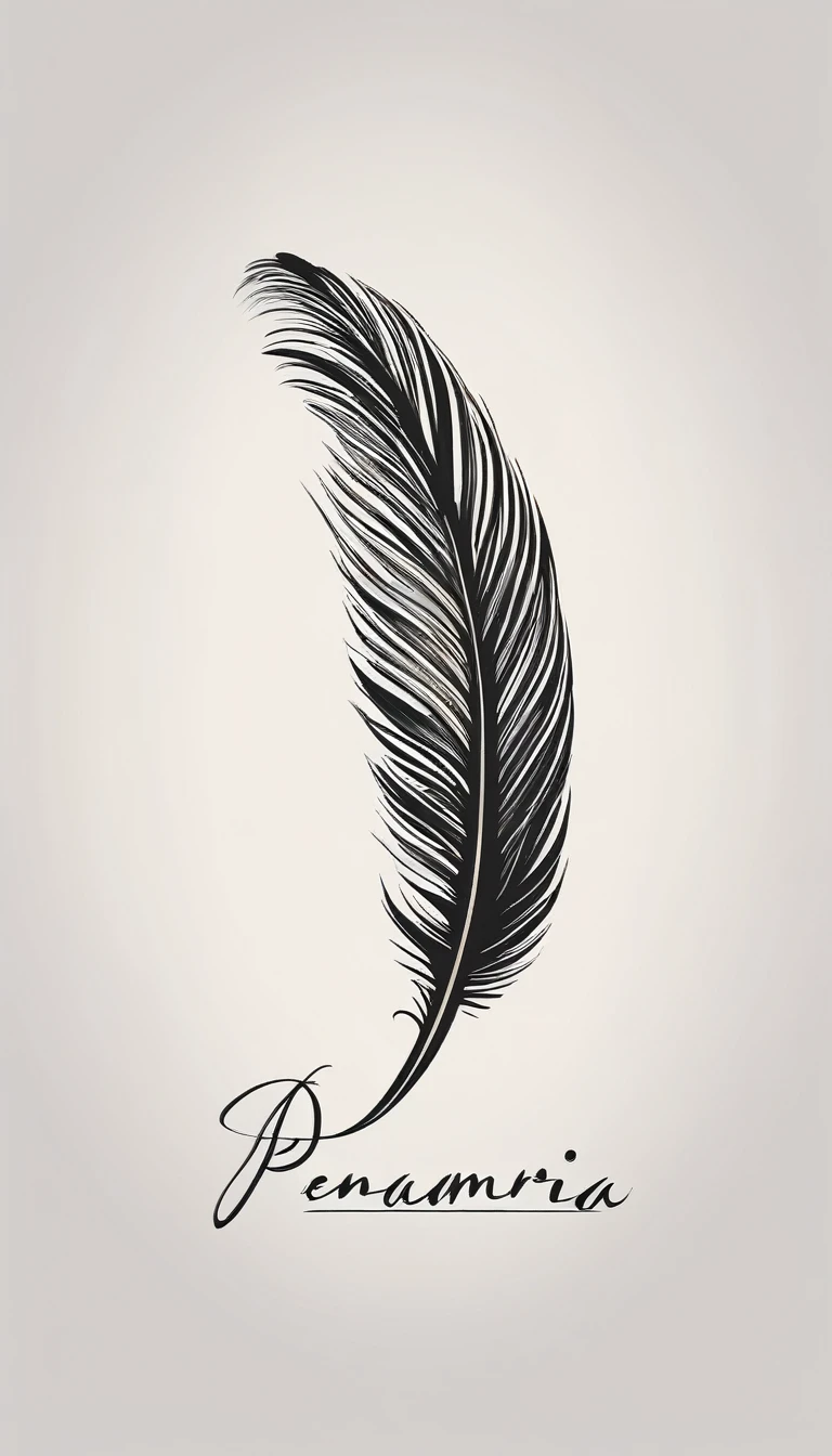 A minimalist, fantastic, poetic, unique, dreamy, captivating, memorable, masterpiece, modern, simple logo design of a feather for the brand “Penamemoria". The logo must convey a sense of music, stories and dreams. Minimalistic logo design of a feather of memories and storytelling