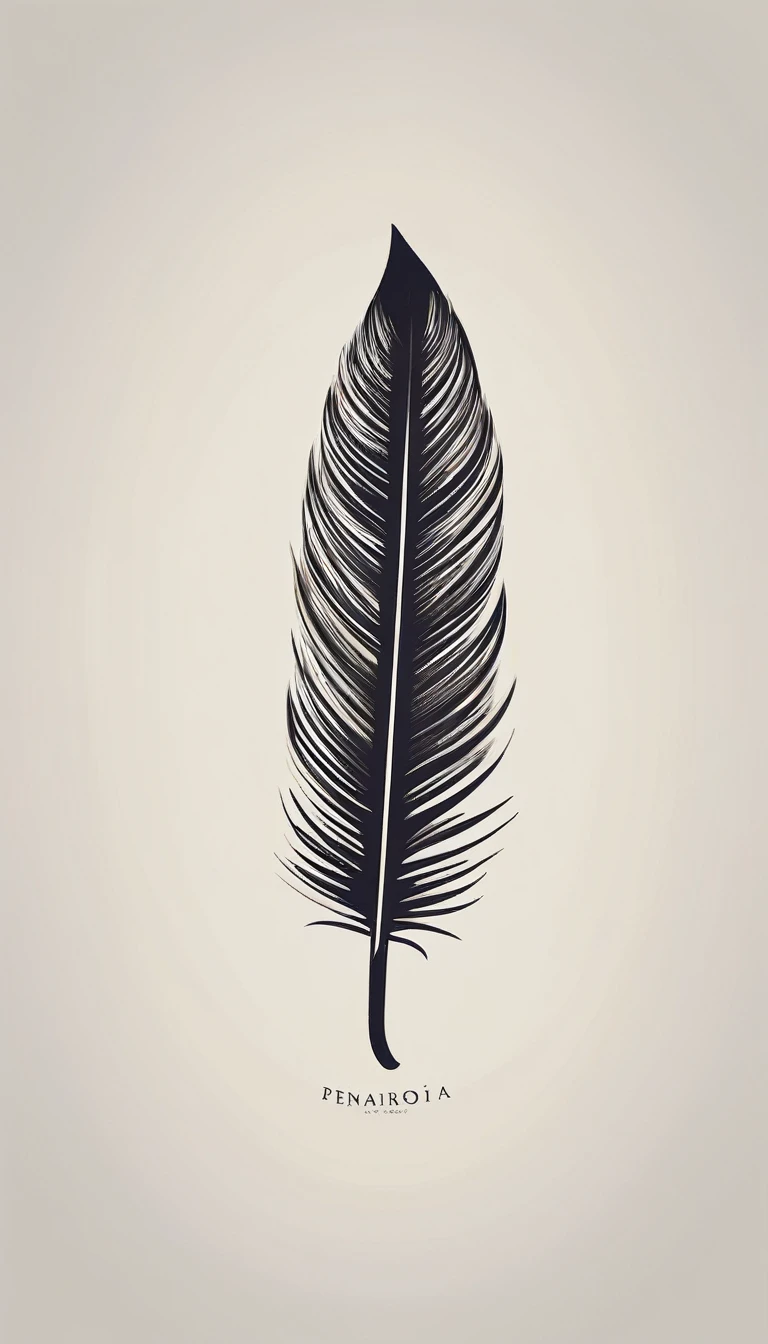 A minimalist, fantastic, poetic, unique, dreamy, captivating, memorable, masterpiece, modern, simple logo design of a feather for the brand “Penamemoria". The logo must convey a sense of music, stories and dreams. Minimalistic logo design of a feather of memories and storytelling