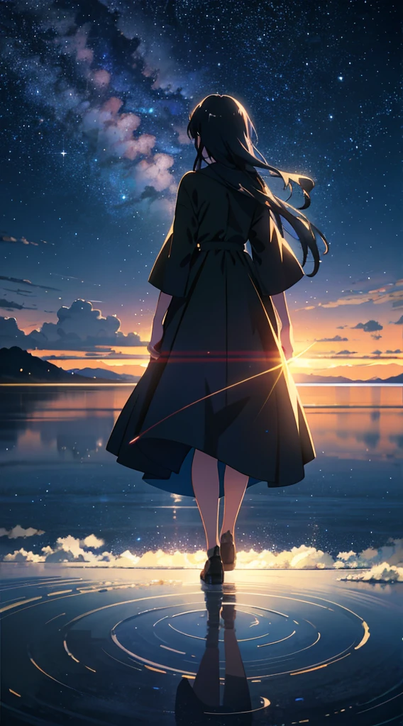 High quality masterpiece, landscape, anime train passing through bodies of water on tracks, bright starry sky. Romantic train, pixiv, concept art, lofi art style, reflection. by Makoto Shinkai, lofi art, Beautiful anime scene, Anime landscape, detailed scenery —width 672, in style of Makoto shinkai, style of Makoto shinkai, ノーガール、enhanced details.