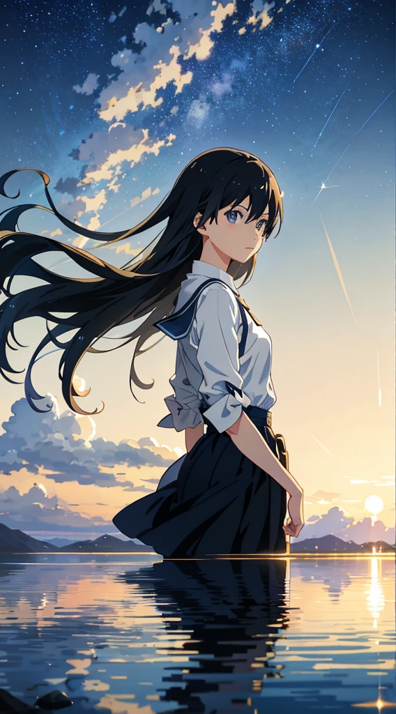 High quality masterpiece, landscape, anime train passing through bodies of water on tracks, bright starry sky. Romantic train, pixiv, concept art, lofi art style, reflection. by Makoto Shinkai, lofi art, Beautiful anime scene, Anime landscape, detailed scenery —width 672, in style of Makoto shinkai, style of Makoto shinkai, ノーガール、enhanced details.