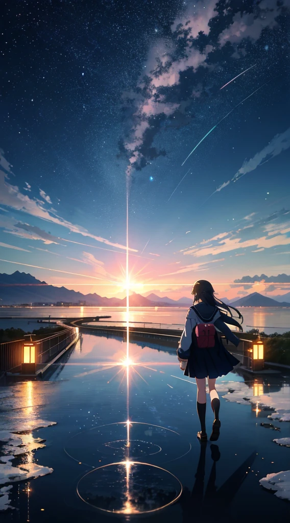 High quality masterpiece, landscape, anime train passing through bodies of water on tracks, bright starry sky. Romantic train, pixiv, concept art, lofi art style, reflection. by Makoto Shinkai, lofi art, Beautiful anime scene, Anime landscape, detailed scenery —width 672, in style of Makoto shinkai, style of Makoto shinkai, ノーガール、enhanced details.
