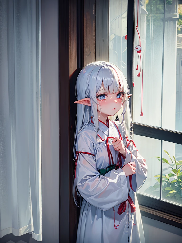 Heavy rain outside、((chibi style)), A teru teru bozu is hanging outside the window,Inside the house, an elf girl is gazing out the window, half crying and pouting.