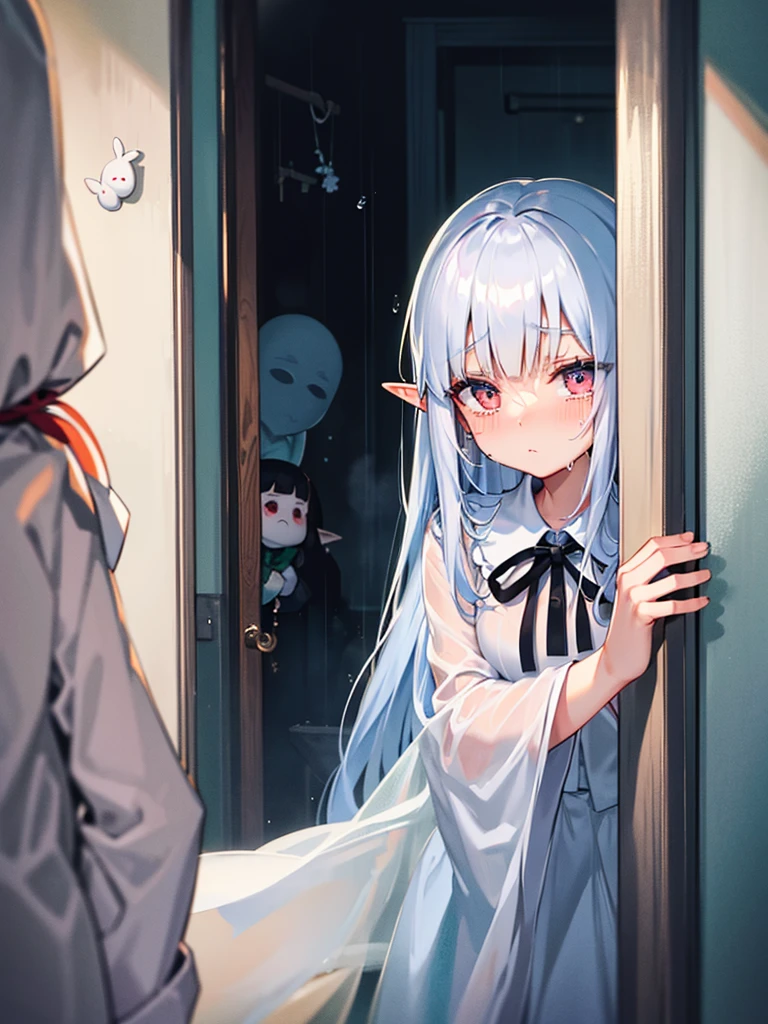 Heavy rain outside、A teru teru bozu is hanging outside the window,Inside the house, an elf girl is gazing out the window, half crying and pouting.