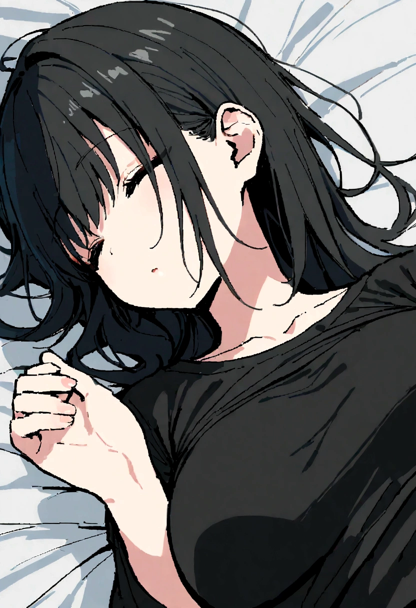 masterpiece, best quality, 1girl oekakizuki, on back, black shirt, sleeping, attractive, cute, a single streaming tear
