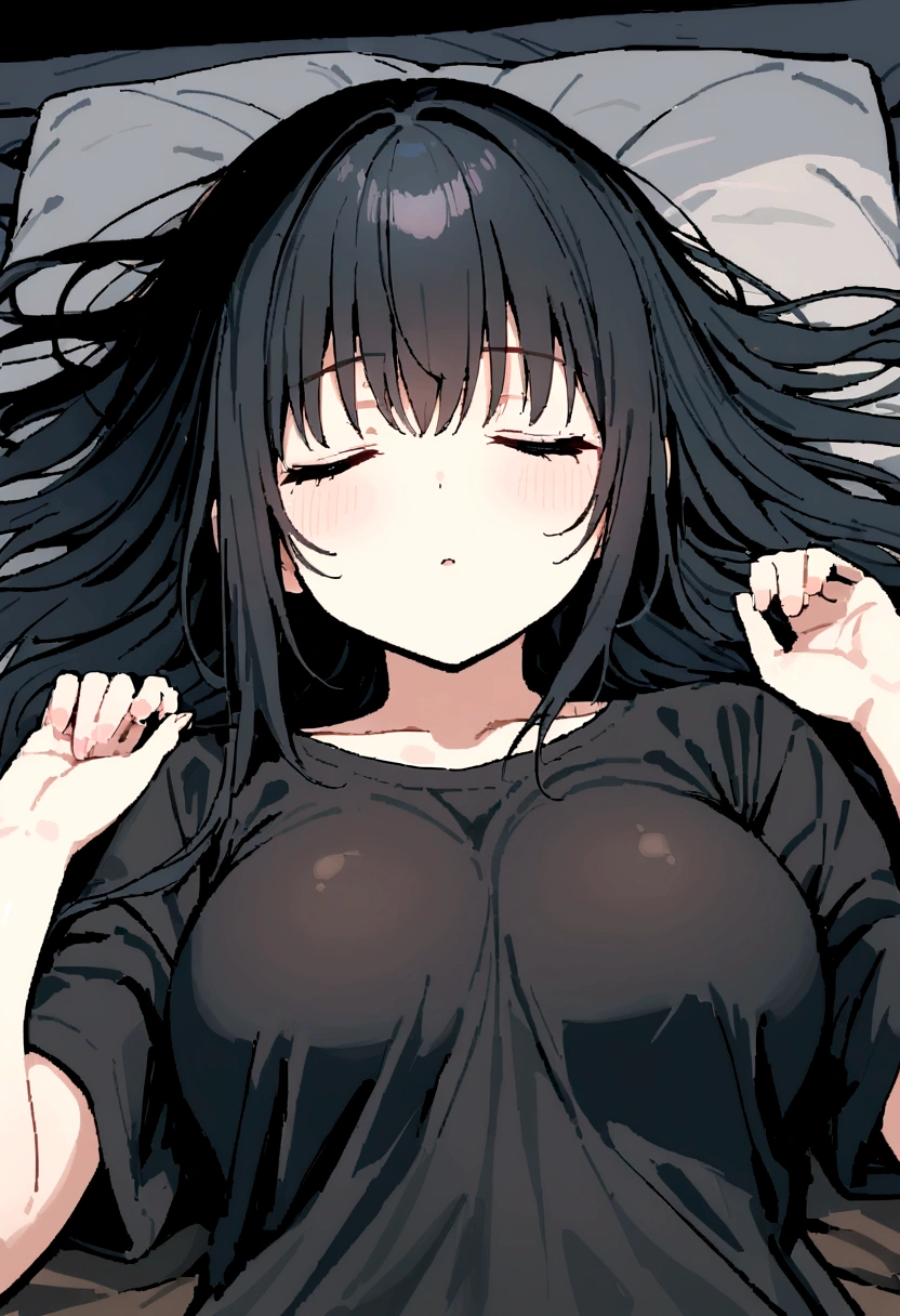 masterpiece, best quality, 1girl oekakizuki, on back, black shirt, sleeping, attractive, cute, a single streaming tear
