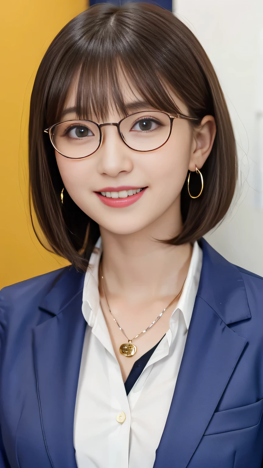 Highest quality:1.2), RAW Photos, High resolution, Very detailed, Intricate details, 、ear piercing、smile、Emphasis on teeth、、Short Haircut、Brown Hair、 Glasses、(Front view, ), Clear beauty, , (High quality fabric, Office Lady Suit 、Jacket、Unbuttoned shirt、 Necklace around the neck、The background is the office、Dark eyeliner