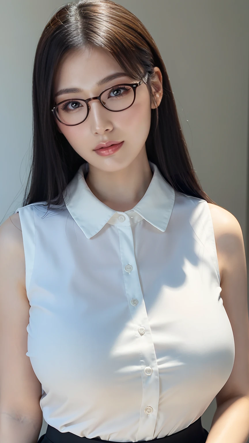 (Highest quality、Tabletop、8K、Award-winning works、Ultra-high resolution、Best image quality)、One beautiful woman、(White polyester sleeveless、Blouse with buttoned collar:1.3)、(Elegant black tight skirt:1.1)、(Huge breasts:1.2)、(Elegant round glasses:1.2)、、(優雅にstand:1.1)、(Strongly blurred background:1.1)、stand、(:1.1)、、、lipstick、Long eyelashes、Heavy makeup、Perfect Makeup、Colored contact lenses、Accentuate your body lines、Big ample breasts、soft and warm lighting、、(Ultra-high resolutionの正確な美しい髪:1.1)、(Accurate anatomy:1.2)、Ultra-high definition beautiful eyes、(Super bright and radiant skin:1.1)、Staring at me with a blank look,topless,Beautiful nipples
