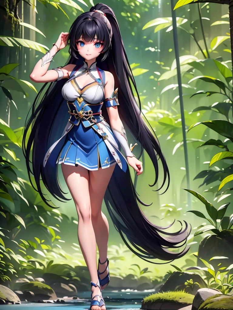 masterpiece, best quality, ultra-detailed, beautiful detailed eyes, extremely detailed eyes and face, 1girl, ShibaMiyuki, hair ornament, black t-shirt, green skirt, ((medium breasts)), standing, looking at viewer, smiling, seductive smile, forest, day, sky, cloud, cowboy shot, full body,