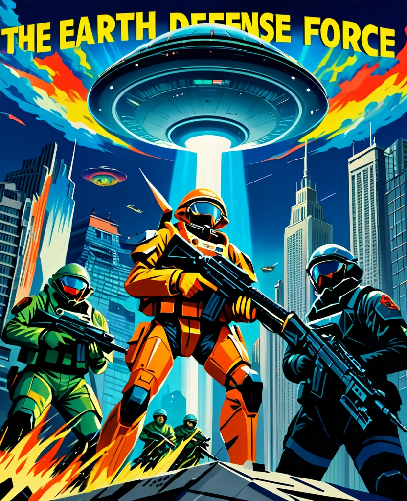 A retro-style movie poster depicting the Earth Defense Force fighting against UFOs. The scene is reminiscent of 1950s-1960s sci-fi movies, with vibrant colors, bold brushstrokes, and high-contrast shadows. In the foreground, brave members of the Earth Defense Force are positioned heroically: a sharp-eyed leader, soldiers in combat gear, and a scientist with futuristic gadgets. The background features a colossal UFO hovering menacingly over a futuristic city skyline. The overall composition exudes a sense of dramatic action and adventure. At the top of the poster, a bold, eye-catching tagline reads: "Earth Defense Force vs. The UFO Invasion!"