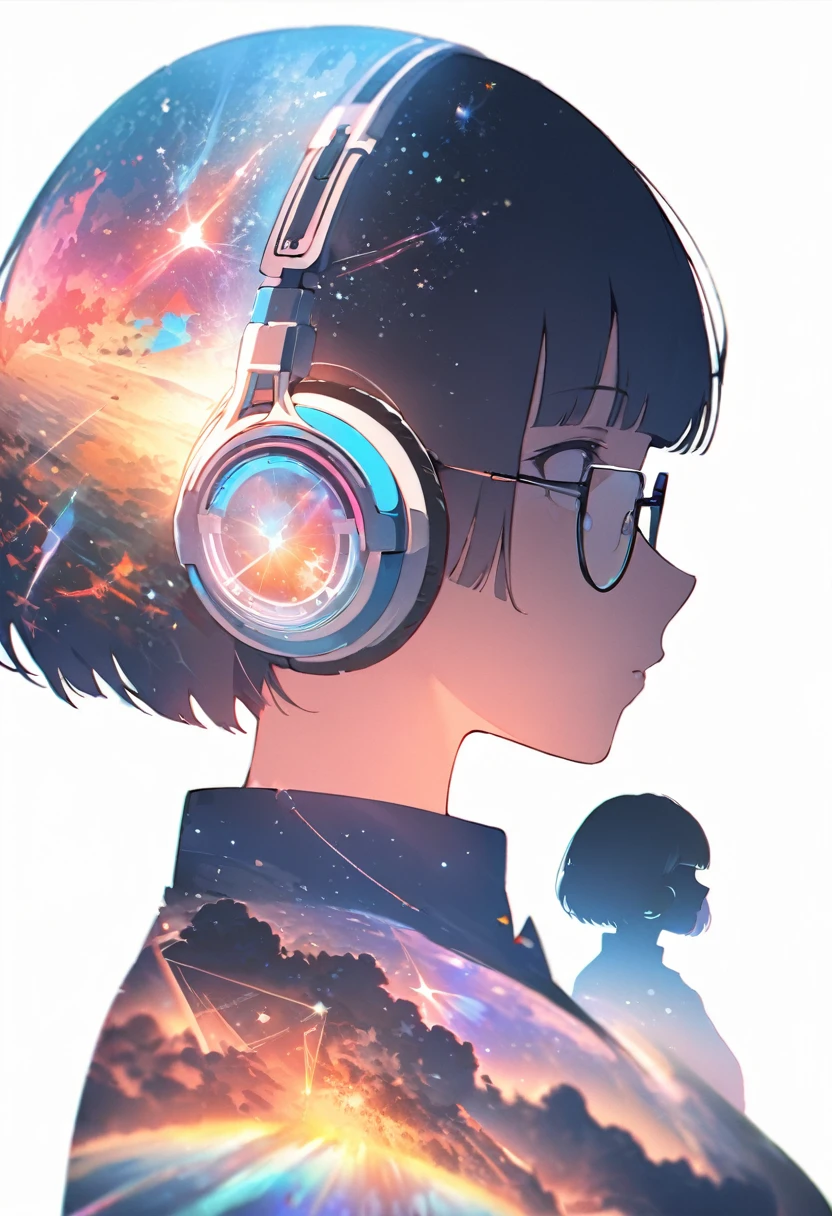 silhouette of a woman in profile.(super very short hair:1.3), blunt bangs, (((underrim glasses:1.3))), (headphones:1.3), Inside the silhouette you can see the double exposure with a deep space, universe, supernova explosion, masterpiece, ((double exposure)), proportional.,DOUBLE EXPOSURE