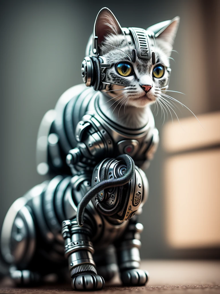 a cute kitten made out of metal, (cyborg:1.1), ([tail | detailed wire]:1.3), (intripitbull details), hdr, (intricate details, hyperdetailed:1.2), cinematic shot, Vignette, centered