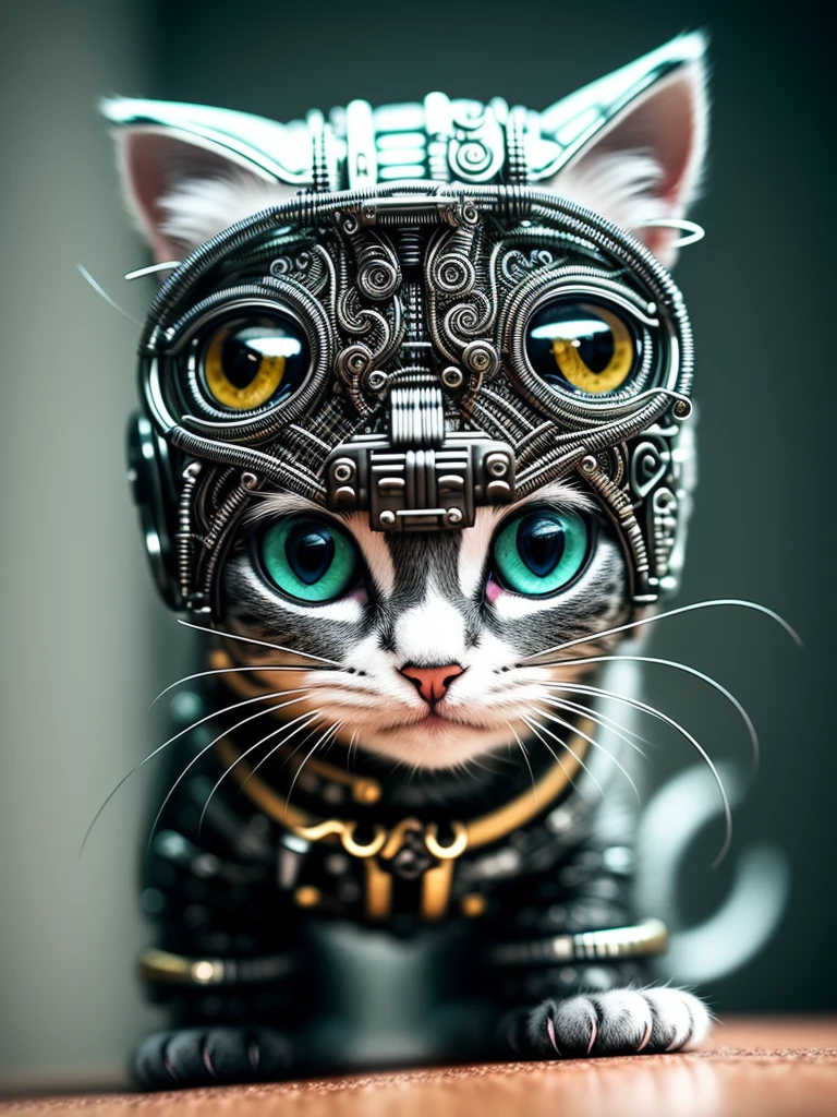a cute kitten made out of metal, (cyborg:1.1), ([tail | detailed wire]:1.3), (intripitbull details), hdr, (intricate details, hyperdetailed:1.2), cinematic shot, Vignette, centered