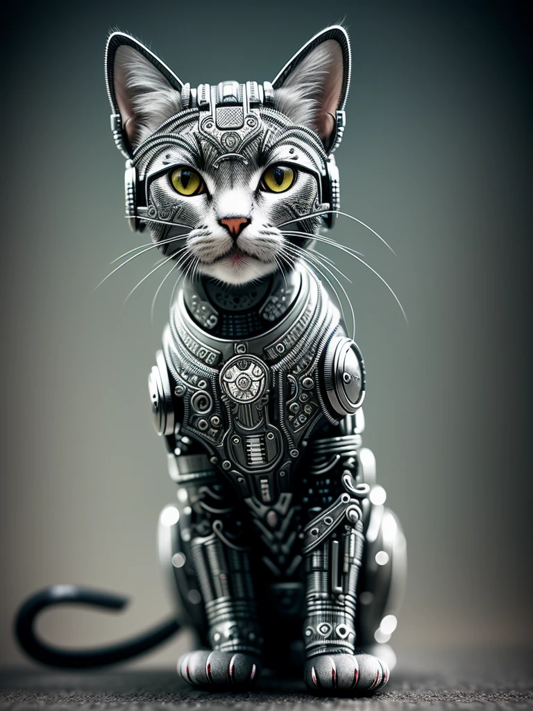 a cute kitten made out of metal, (cyborg:1.1), ([tail | detailed wire]:1.3), (intripitbull details), hdr, (intricate details, hyperdetailed:1.2), cinematic shot, Vignette, centered