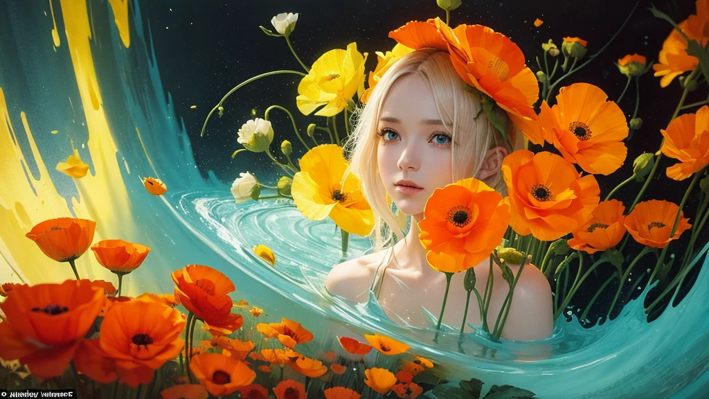 32k, Masterpiece, Highest quality, One girl, Detailed eyes, flower,Iceland Poppy, Orange and yellow style,A dreamy, romantic piece,Pale yellow, Mysterious Leaves,A playful arrangement,Fantasy,High Contrast,Ink strokes,explosion,Exposure, Impression of orange and yellow tones,Abstract,((Watercolours by John Berkey and Jeremy Mann )) Brush strokes,Negative Space, Tyndall effect,