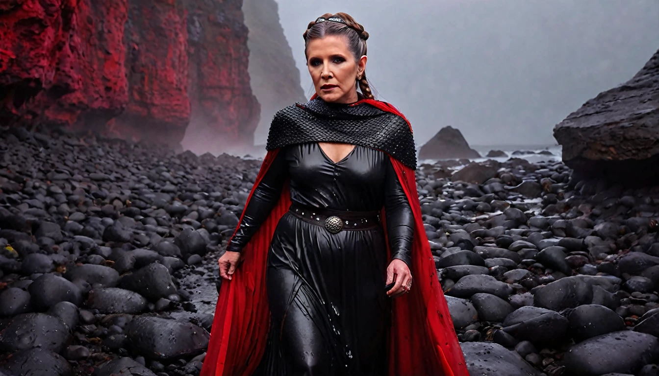Carrie Fisher as Viking princess, detailed face and features, walking along a path of wet black stones, between narrow slopes of black rocks, surrounded by red fog, ethereal atmosphere, cinematic lighting, photorealistic, (best quality, 8k, high resolution, artwork master of dark fantasy, :1.2),ultra-detailed,realistic,photorealistic:1.37,dramatic lighting,temperamental,fantasy,conceptual art