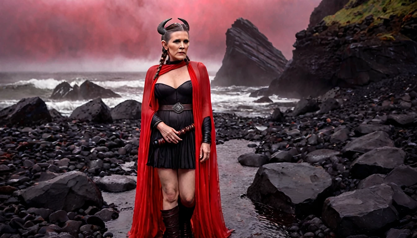 Carrie Fisher as Viking princess, detailed face and features, walking along a path of wet black stones, between narrow slopes of black rocks, surrounded by red fog, ethereal atmosphere, cinematic lighting, photorealistic, (best quality, 8k, high resolution, artwork master of dark fantasy, :1.2),ultra-detailed,realistic,photorealistic:1.37,dramatic lighting,temperamental,fantasy,conceptual art