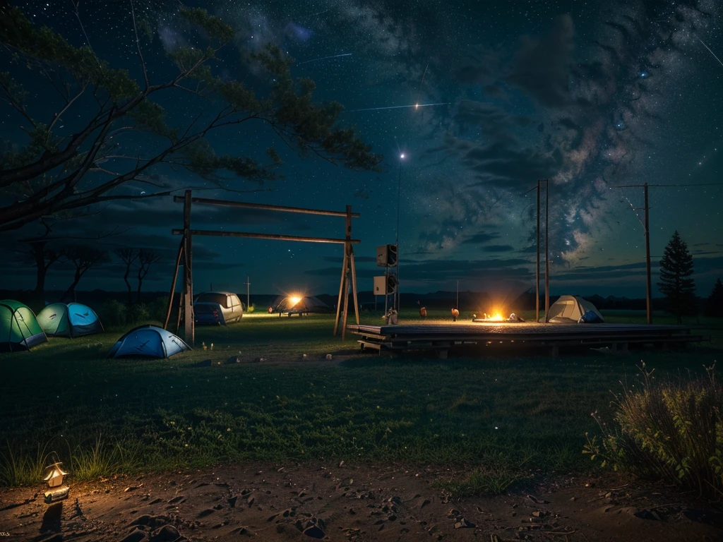 The sky is dotted with stars at night,Camping site in the woods, Night view, Cyberpunk style, Campsite at night, Wide field of view, real,masterpiece,High Detail,high resolution,8K