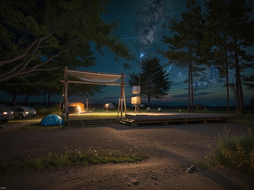 The sky is dotted with stars at night，Camping site in the woods, Night view, Cyberpunk style, Campsite at night, Wide field of view, real，masterpiece，High Detail，high resolution，8K